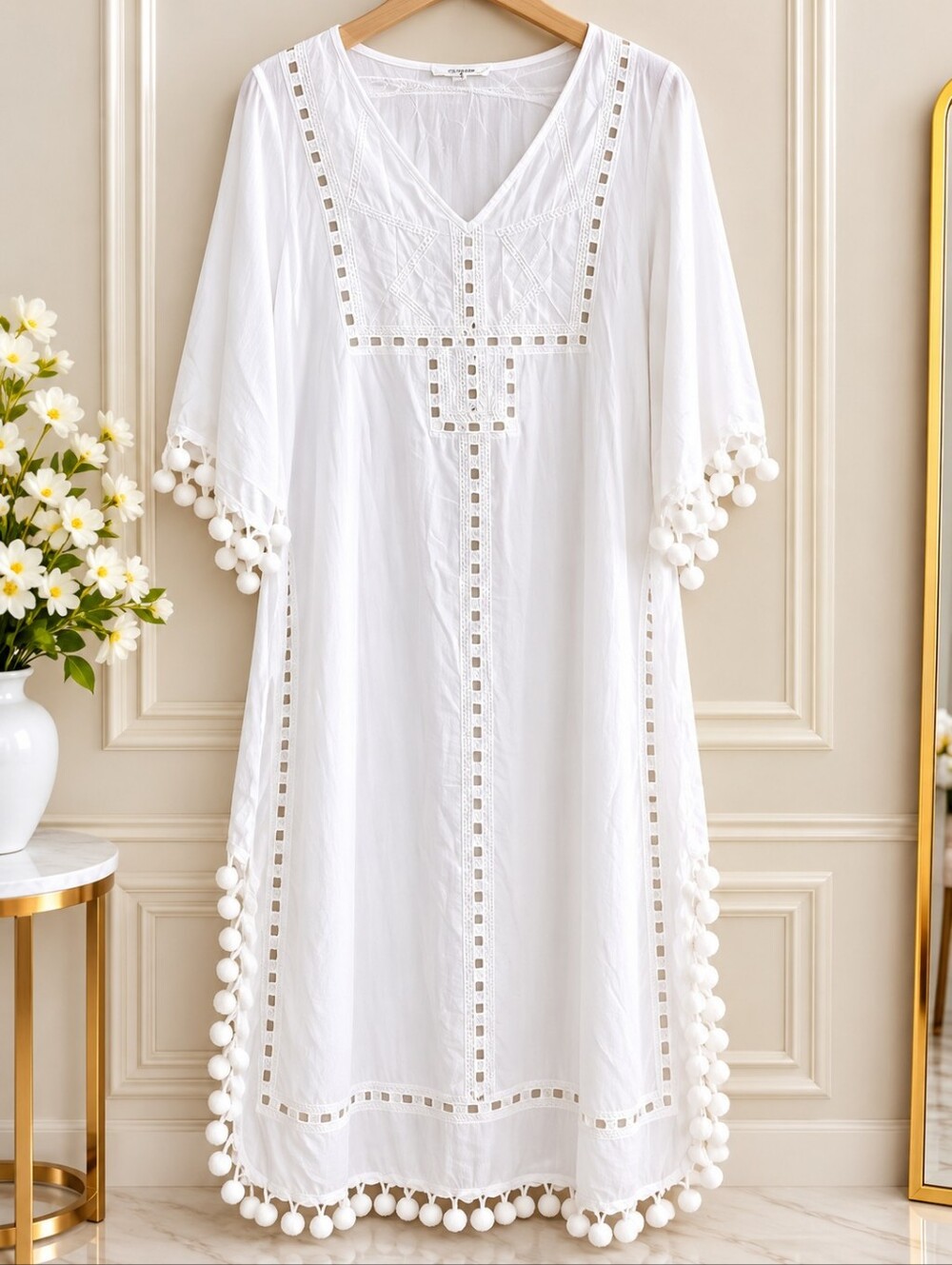 Solitaire White Pom-Pom Trim Maxi Dress